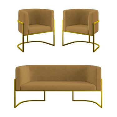 Imagem de Kit 2 Poltronas + Sofá 2 Lugares Base De Metal Gold Balaqui Capuccino