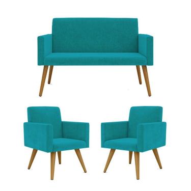 Imagem de Kit Sofá Namoradeira + 2 Poltronas Decorativas azul Turquesa