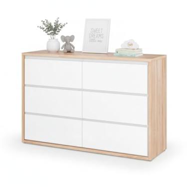 Imagem de Cômoda Infantil Wood Divicar 6 Gavetas Linha Premium em MDF Acabamento Laqueado, Trilhos Telescópicos e Puxadores Embutidos (Branco/Carvalho Treviso)