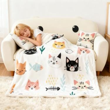 Imagem de Homewish Cobertor fofo de gato, estampa de peixe e folhas de desenho animado para crianças, meninas, meninos, adultos, decoração de quarto de animais de estimação, cobertor de lã de ovelha colorido