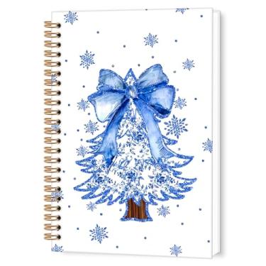 Imagem de TWRVI Caderno espiral de Natal Chinoiserie, caderno pautado na faculdade com árvore de Natal, para material de escritório escolar, azul e branco, flocos de neve, cadernos de diário 14 x 8,7 cm, 164