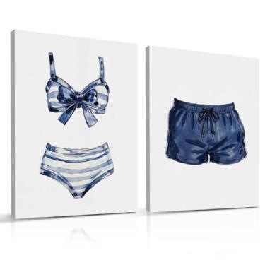 Imagem de Roupa de banho pintada em azul e branco, casa de praia, decoração de parede, tela, arte emoldurada, pôsteres, pintura, imagem para casa, bar, carrinho, lavanderia, quarto de meninas, 35 x 28 cm