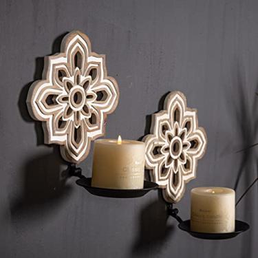 Imagem de Conjunto de 2 arandelas de vela esculpidas a céu aberto - decoração de parede rústica para casa de fazenda, suporte de vela de girassol de madeira, arte decorativa pendurada para sala de estar, quarto