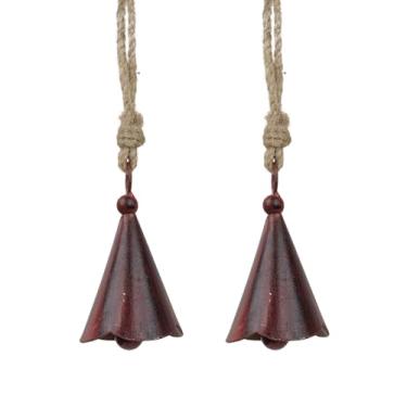 Imagem de Trrystals Sinos de cone de ferro feitos à mão – Conjunto de 2 sinos rústicos para pendurar com corda de juta para casa, jardim e decoração espiritual (vermelho vibrante, 7,6 cm 3,8 cm)