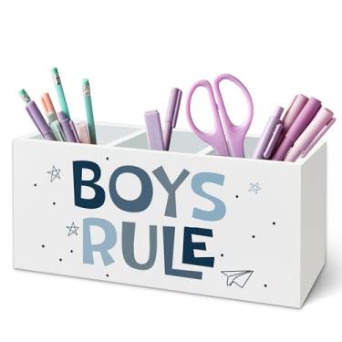 Imagem de TWRVI Suporte de caneta infantil azul para sala de aula, decoração de quarto de meninos, suporte de lápis de madeira para quarto de crianças, quarto, sala de aula, sala de jogos, acessórios de mesa