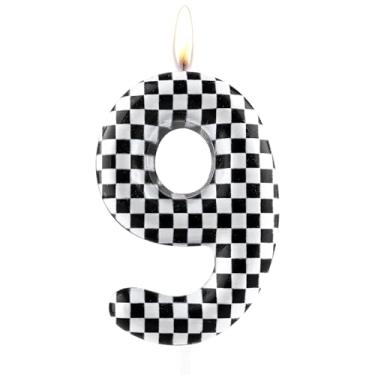 Imagem de Velas de aniversário xadrez pretas e brancas, bandeira quadriculada, número de tema de corrida, decoração de bolo de aniversário, decoração de festa para entusiastas de carros, velas de bolo de 9 anos