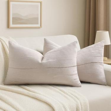Imagem de HAUSSY Conjunto de 2 capas de almofada bege 30,5 x 50,8 cm, fronhas decorativas lombares texturizadas listradas boho macias de chenille, decoração de casa moderna para sofá-cama sala de estar