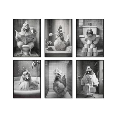 Imagem de 6 peças arte de parede engraçada de galinha para banheiro preto e branco adorável pintura animal decoração de parede banheiro humor galinha impressão arte para banheiro banheiro lavanderia decoração