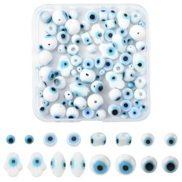 Imagem de MakemadeDIY 80 peças sortidas branco lampwork contas de olho turco 8 estilos de contas de vidro espaçador solto em forma de olho para fazer joias, colares faça você mesmo, pulseiras, artesanato