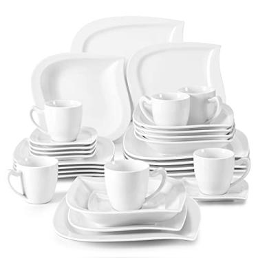 Imagem de MALACASA Conjuntos de louça, 30 peças de pratos e tigelas branco marfim para 6, conjunto de pratos de porcelana com conjunto de pratos de jantar, xícara e pires, conjunto de utensílios de jantar de