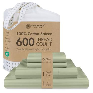 Imagem de Jogo de cama de casal Threadmill 100% algodão 600 fios, para colchões altos de 40,5 cm, em cetineta listrada adamascada com efeito refrescante, 4 peças, verde-sálvia