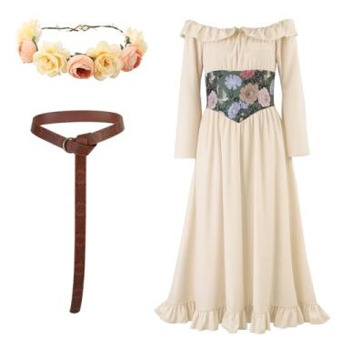 Imagem de ZhouBoat Vestido de fada renascentista feminino vitoriano medieval espartilho floral, coroa de flores, cinto, Bege, Small