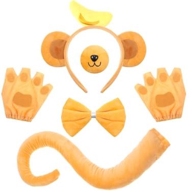 Imagem de Maiteenly Conjunto de 5 peças de fantasia de macaco para homens e mulheres adultas, faixa de cabeça de orelha, luva de nariz, laço de pata, animal acessórios de Halloween (faixa de cabelo de banana