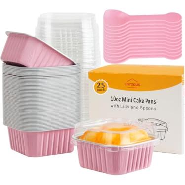 Imagem de LNYZQUS Mini formas de bolo de 10 x 10 cm com tampas, pacote com 25, mini copos de papel alumínio de 283 g, recipientes quadrados descartáveis para pão de pão, formas de assar, formas de bolo pequenas
