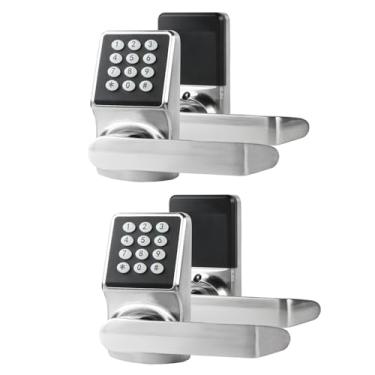 Imagem de JESSTTI Fechadura de porta de teclado com alça, maçaneta inteligente para porta da frente com/cartão/senha/chave, maçaneta digital com alça, prata, pacote com 2