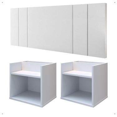 Imagem de Kit 2 Mesinhas Suspensa Prateleira Nicho Madri Retrô Cabeceira Estofada Módulo Cama Box Casal Luana Queen 1,60 Branco