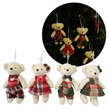 Imagem de Kit 4 Ursinhos Natalinos Pendente 15cm Pelúcia Creme com Roupa Xadrez