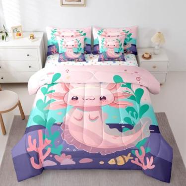 Imagem de Erosebridal Conjunto de edredom infantil solteiro com axolote rosa, 7 peças, temática de vida marinha com desenho animado de animais marinhos, para mulheres, homens, oceano, planta aquática, coral e
