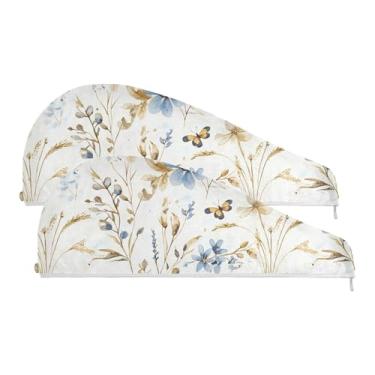 Imagem de SEHANY Toalha de cabelo de microfibra de flores coloridas elegantes para mulheres, 2 peças, turbantes de cabelo de secagem rápida com botão, touca de cabelo seco absorvente toalha de secagem de cabelo