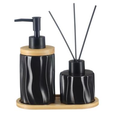 Imagem de Kit Lavabo Banheiro Bambu Aromatizador Saboneteira Líquida 375 (Preto)