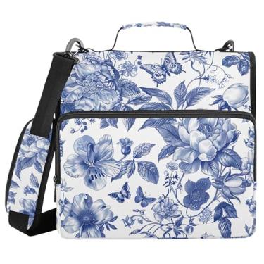 Imagem de SEHANY Fichário azul boêmio com zíper 3 anéis com alça de ombro, vários bolsos expansíveis pasta de arquivo organizador de bolsa