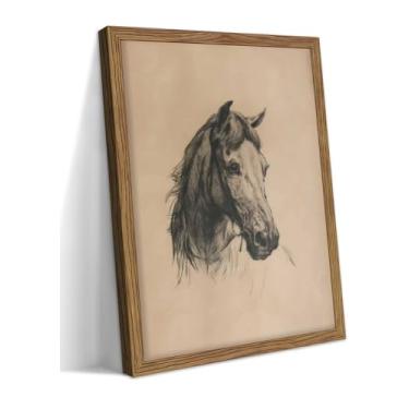 Imagem de Arte de parede de cavalo emoldurada, impressão em tela vintage de cabeça de cavalo, decoração de parede de animais de fazenda, arte clássica de imagens country para sala de estar, quarto, decoração de