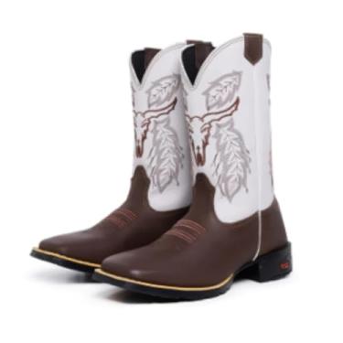 Imagem de Bota Masculina Country Couro Legítimo Texana Cano Longo Confortável Estilo Barretos (Branco, Padrão, BR, Adulto, Numérico, 37)