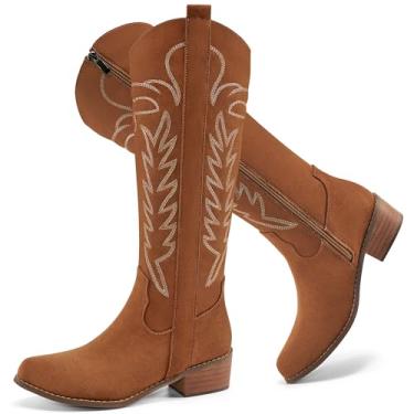 Imagem de Ecetana Botas de cowboy ocidentais femininas – cano alto bico fino salto grosso camurça cowgirl botas clássicas bordadas sem zíper bota alta para outono inverno 2025, Marrom, 40