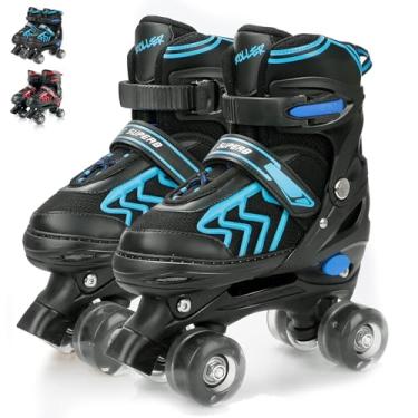 Imagem de HXWY Patins infantis para meninos e meninas, patins ajustáveis de 4 tamanhos para crianças e jovens com rodas iluminadas, patins Quad preto e azul para esportes (criança grande 1Y-4Y)