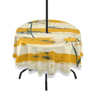Imagem de CEBUGI Toalha de mesa redonda para uso ao ar livre, rústica, margarida, impermeável, com furo Umberlla, capa de mesa lavável para pátio, cozinha, sala de jantar, 152 cm