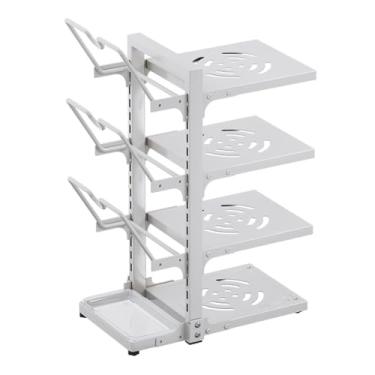 Imagem de uhyOHF Rack organizador multifuncional ajustável de panela e panela, suporte de panela de chão para armário, suportes de tampa de panela com bandeja de drenagem, rack de ferro fundido de aço carbono