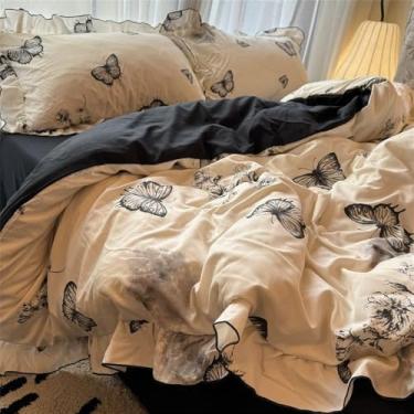 Imagem de XLCZMYL Conjunto de capa de edredom de princesa para lavagem amigável à pele, conjunto de cama de algodão com quatro peças, conjunto de lençol de cama de renda, 5, 150 x 200, 3 peças