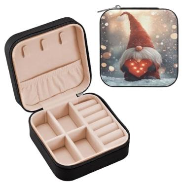 Imagem de Wassud Estojo de joias de viagem de gnomo com coração para mulheres, meninas, senhoras, noiva, mini organizador de joias de couro PU, caixa quadrada de armazenamento de joias para brincos, anéis