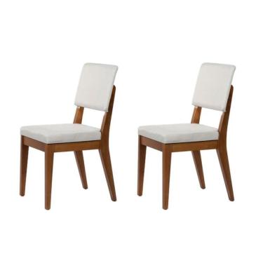 Imagem de Kit 2 Cadeiras de Madeira Maciça Estofada Ella - Natural c/ Linho Off White