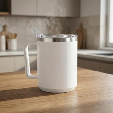 Imagem de Caneca Térmica 450ml em Aço Inox com Tampa – Parede Dupla Branca