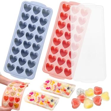 Imagem de Moldes de cubos de gelo de coração com tampa, 2 peças, mini bandeja de cubos de gelo de coração para corações de uísque, gelatina de silicone, molde de chocolate, corações, pudim, sabonete, vela