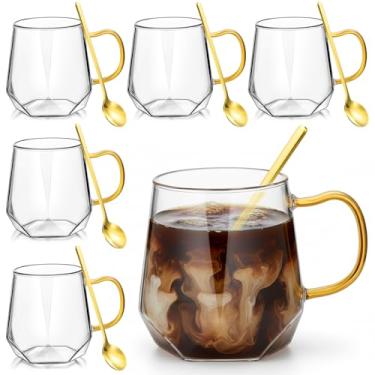Imagem de Layhit 6 conjuntos de canecas de café de vidro em forma de diamante com colheres de 340 g Copos de chá transparentes com alça mini colher para leite, latte, cappuccino, expresso, bebidas frias ou