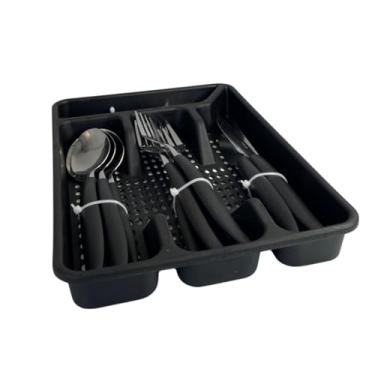 Imagem de Conjunto Faqueiro 17 Peças com Porta Talher, Preto, Aço Inoxidável e Plástico, 4 Colheres de Mesa, 4 Garfos, 4 Facas, 4 Colheres de Sobremesa