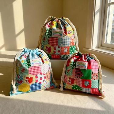 Imagem de Sacos de presente de Natal com cordão – Armazenamento de tecido de algodão 25 x 26 cm com estampas divertidas