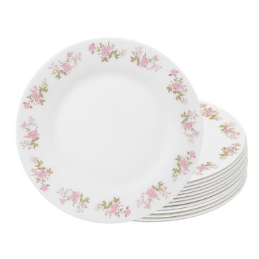 Imagem de Jogo 12 Prato Raso De Vidro Branco Flowers Pink 25,5cm Em Casa Tem