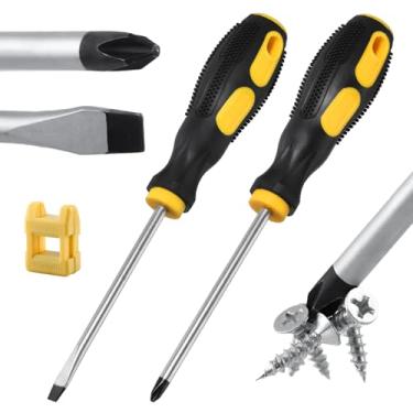 Imagem de Conjunto de 2 chaves de fenda de 10 cm com fenda e Phillips, chave de fenda de cabeça chata e cruzada, chaves de fenda magnéticas com desmagnetizador magnético, alças antiderrapantes