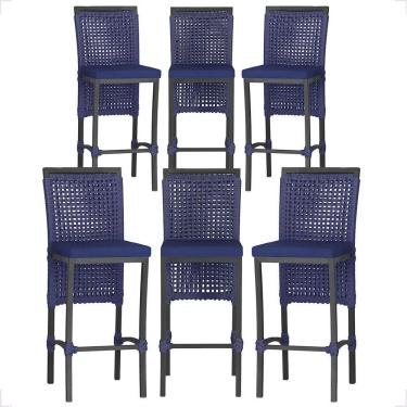 Imagem de 6 Banqueta Em Alumínio Roma Preta Corda Náutica Tecido 10 Azul