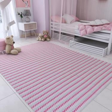 Imagem de Tapete Quarto Antiderrapante 2,00 x 1,40cm Artesanal Chevron 100% Algodão Infantil Bebê Menina Rosa Lavável