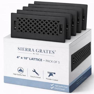 Imagem de 5 peças, Sierra Grates 10 cm x 25 cm Design de treliça Registro de piso de aço em ferro fundido acabamento preto com clipes de montagem - para piso ou parede lateral - Capas decorativas de ventilação