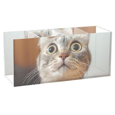 Imagem de TSENQUE Porta-canetas de mesa divertido, personalizado, com estampa de gato, fofo, suporte de pincel de maquiagem de acrílico, copo de lápis