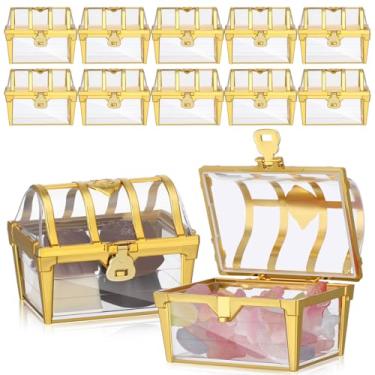 Imagem de Veemoon 12 peças mini baú de tesouro a granel, caixas de lembrancinha de casamento caixas de tesouro de plástico para decorações de festa de casamento, Natal, Halloween, dourado