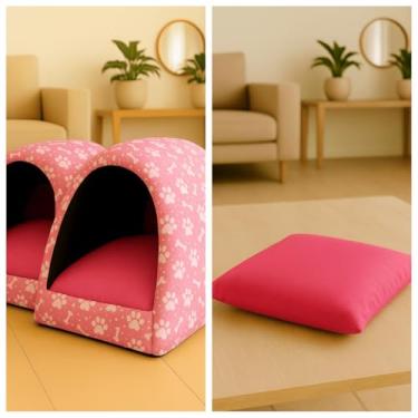 Imagem de Cama Iglu para Cachorro e Gato em Tecido Oxford com Zíper Lavável – Casinha Pet Confortável e Aconchegante(2 Rosa + Almofada,P)