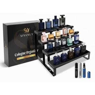Imagem de Organizador masculino Colônia – Suporte de perfume de 4 camadas com madeira forrada de veludo e metal preto fosco – comporta 20 frascos, inclui 3 atomizadores de viagem – Prateleira de perfume premium