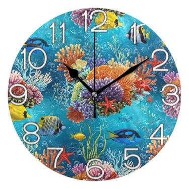 Imagem de GAIGEO Relógio de parede analógico decorativo operado por bateria silencioso relógio de cozinha rústico, decoração de sala de estar, arte moderna, peixes tropicais coloridos oceano, 25 cm, ponteiros