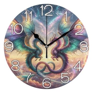 Imagem de GAIGEO Relógio de parede analógico decorativo operado por bateria relógio de sala de aula, decoração de parede vintage, sala de estar, dragões de fantasia nuvens coloridas, 25 cm, ponteiros pretos